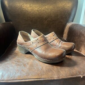 Dansko Brown Leather Women's Mules with Floral Cutouts